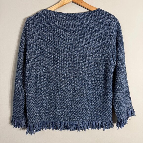 Maje Latino Fringed Sweater Pullover Womens 2 Medium Blue Tweed Coastal Designer - Picture 8 of 11